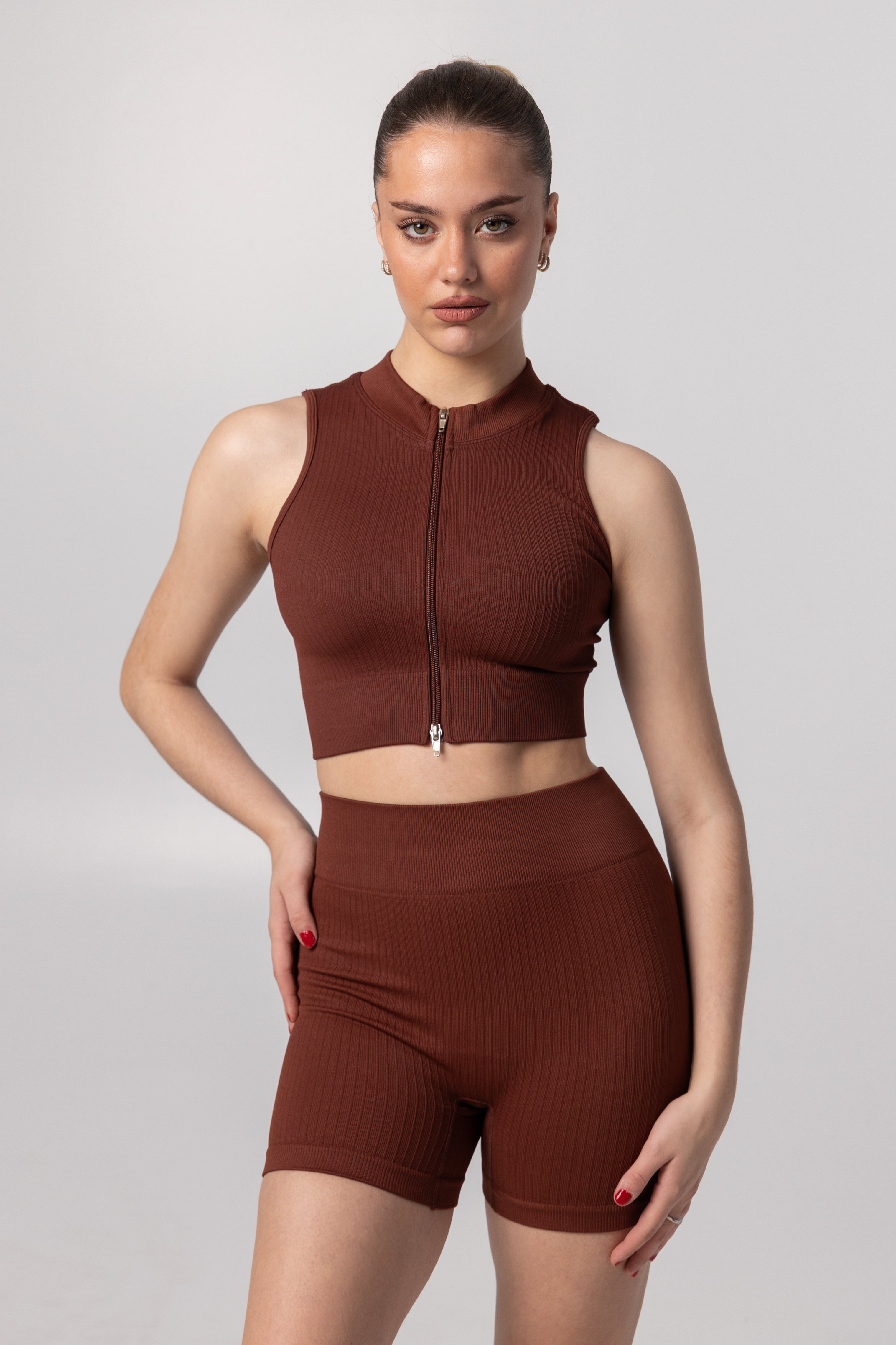Ribbed Sleeveless Zip Crop Top